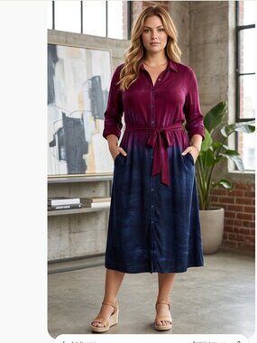 NWT ADYSON PARKER Tie Dye Belted Shirt Midi Dress In Plumtart Combo Small